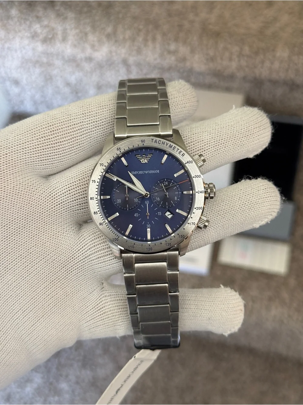 Emporio Armani Stainless Silver Bracelet Watch with Blue Dial men’s